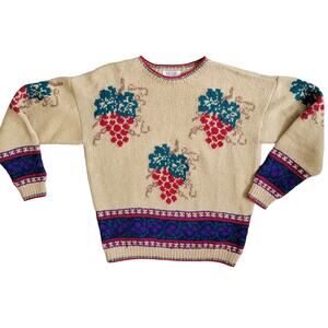 Vintage Skyr Shetland Wool Novelty Sweater Grape Vineyard Camel Women Large